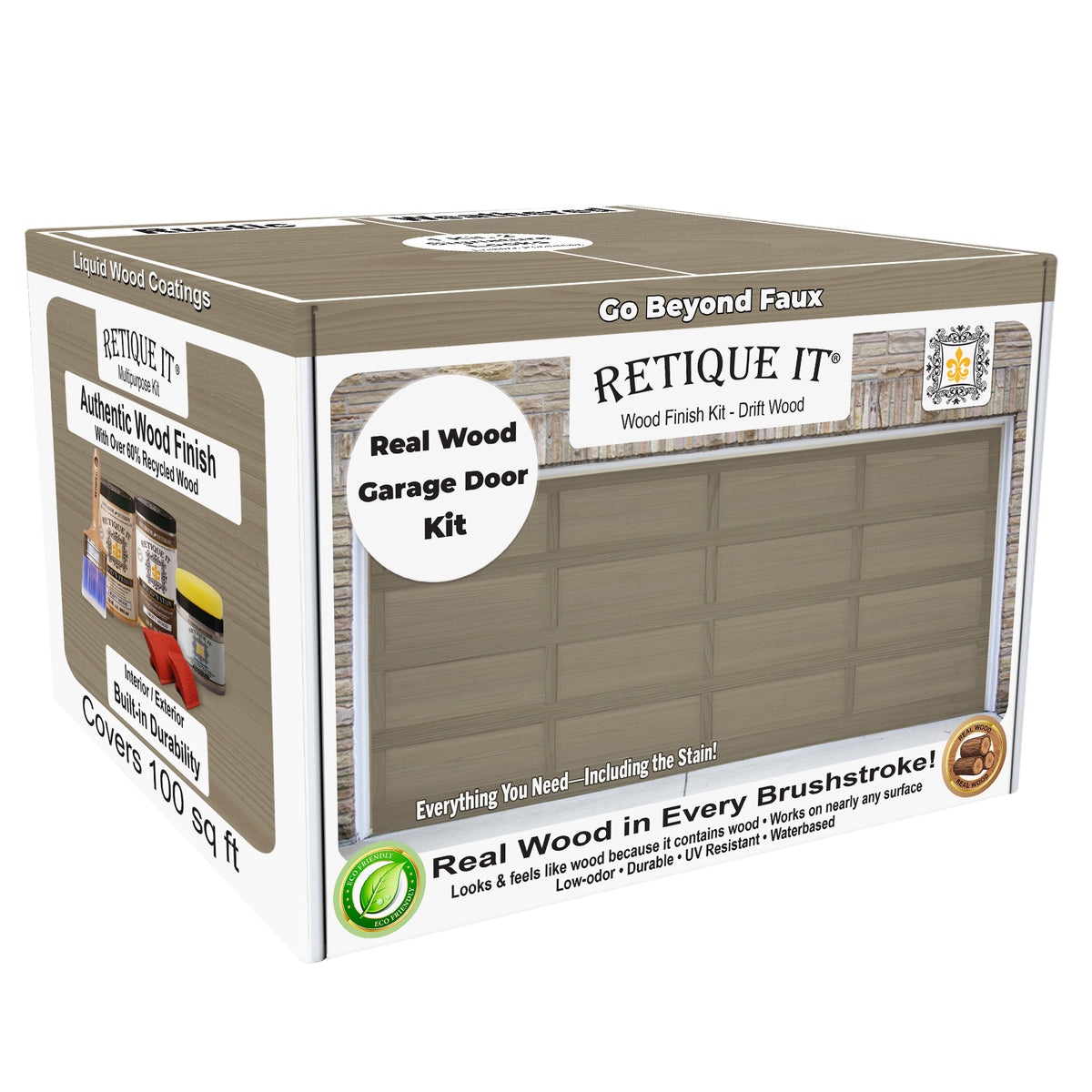 Retique It® Wood'n Door Kit for garage doors in Drift Wood stain, featuring a 3D wood grain finish and stain application tools.