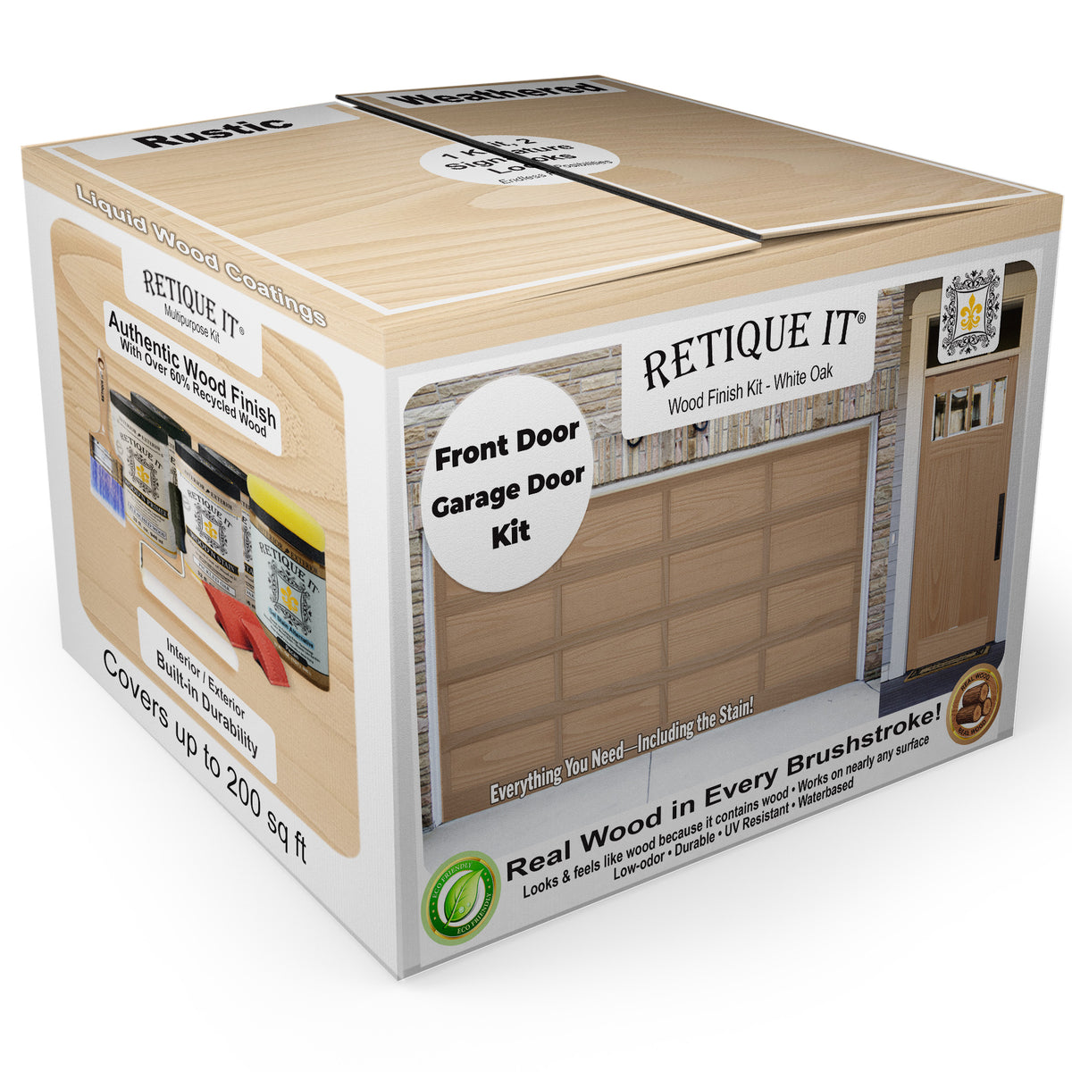 Retique It® Wood'n Door Kit for garage doors in White Oak stain, featuring stain samples and application tools.