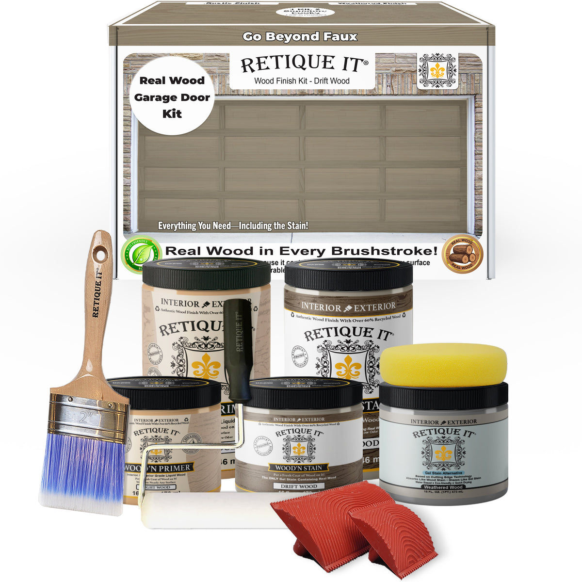 Retique It® Wood'n Door Kit for garage doors in Drift Wood stain, featuring wood grain finish and stain application tools.