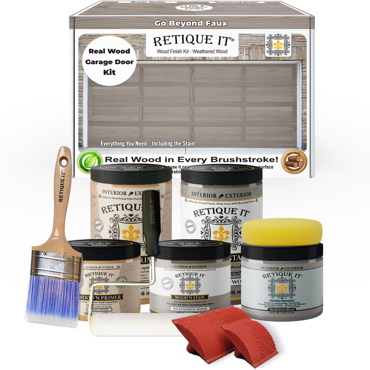 Retique It® Wood'n Door Kit for garage doors in weathered wood stain, featuring a 3D textured finish and stain application.