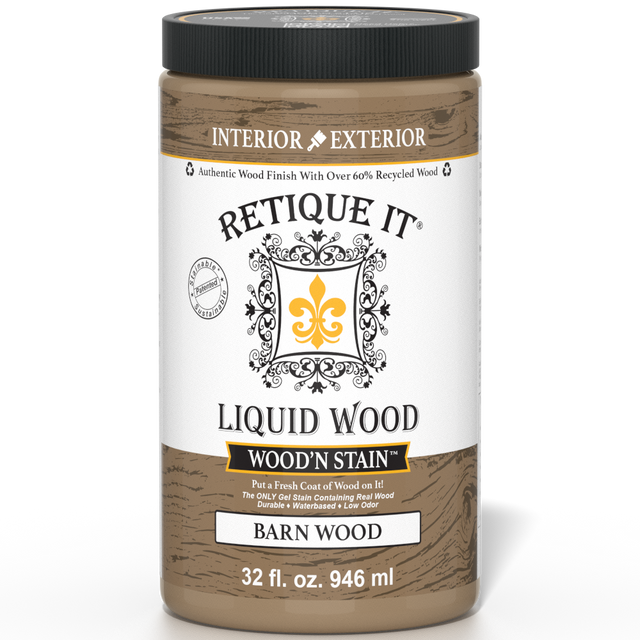 Retique It Liquid Wood Wood'n Stain in Barn Wood color, 32 oz bottle, showing the stain's rich wood finish and labeling.