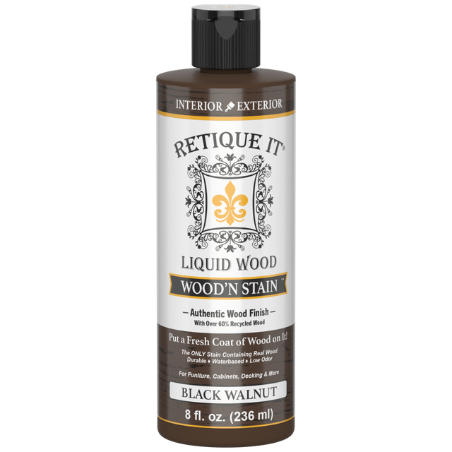 Retique It Liquid Wood Wood'n Stain in Black Walnut, 8 oz bottle, showing the dark walnut stain color and product label.