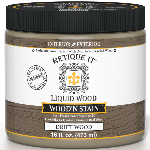Retique It Liquid Wood Wood'n Stain in Drift Wood, 16 oz bottle, showcasing the stain's natural wood finish and color.