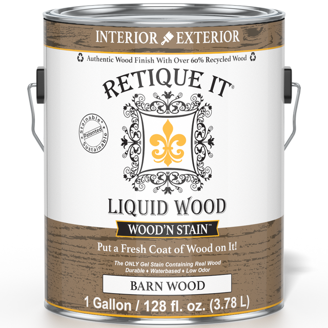 Retique It Liquid Wood Wood'n Stain in barn wood finish, 128 oz, front view showing smooth stain application on wood surface.
