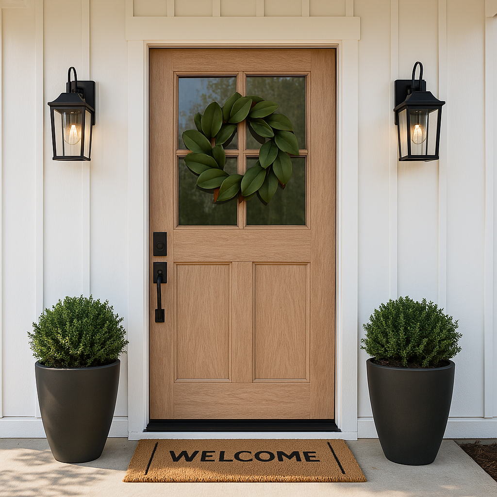 Charming white vertical board exterior with a single front door updated using Retique It’s Pickled Oak grained finish. The natural woodgrain pairs perfectly with matte black fixtures, lush greenery, and a clean “Welcome” doormat for a polished modern cottage vibe.