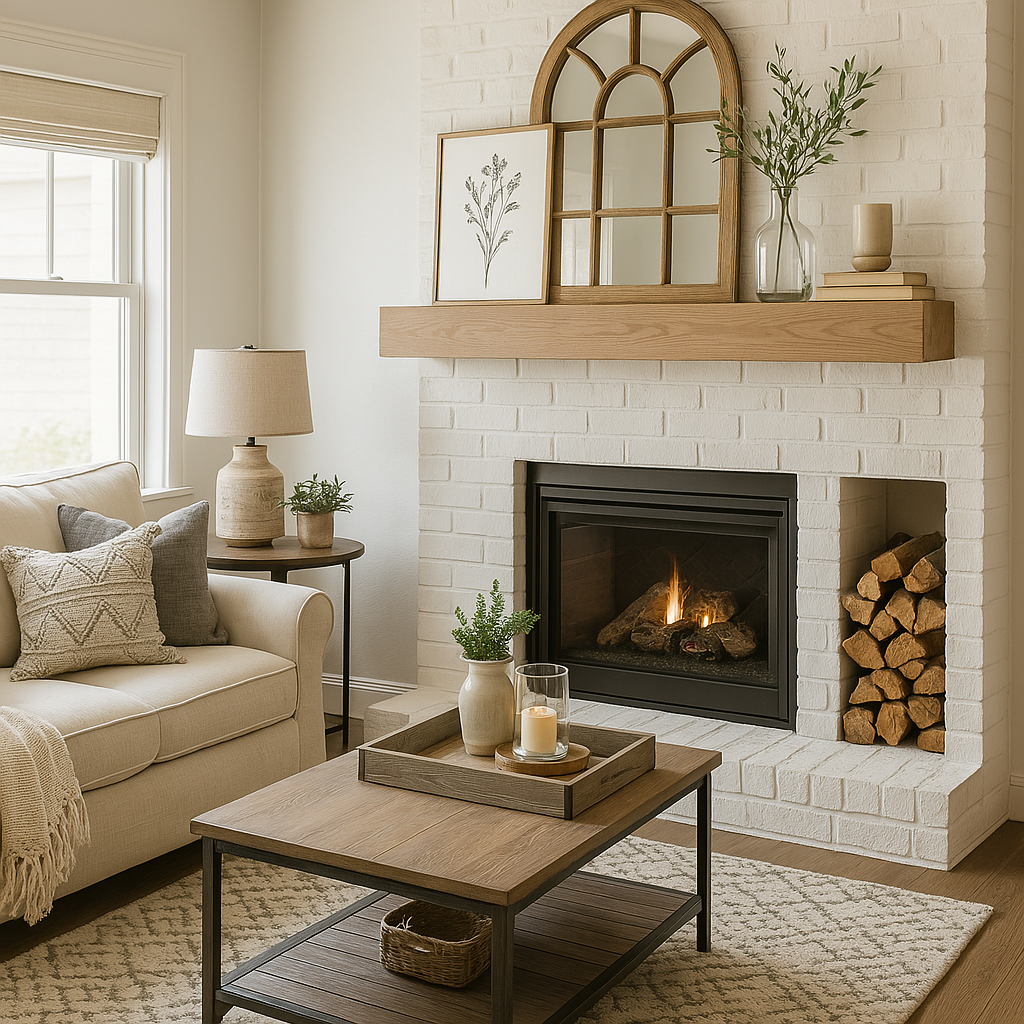 Cozy living room with a white brick fireplace and floating mantel finished in Retique It Pickled Oak grained kit. The light oak tone enhances the soft, neutral palette and complements modern farmhouse décor with subtle, natural texture and warmth.