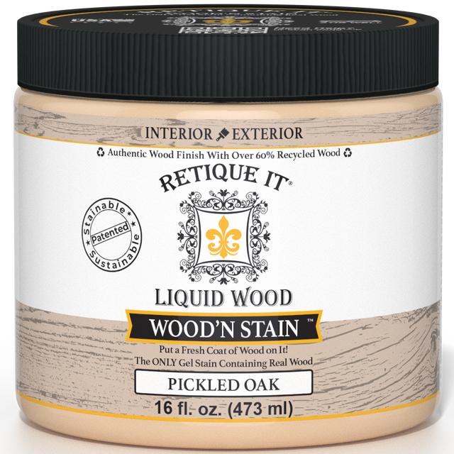 Retique It Liquid Wood Wood'n Stain in Pickled Oak, 16 oz bottle, showcasing the stain's natural wood finish and color.
