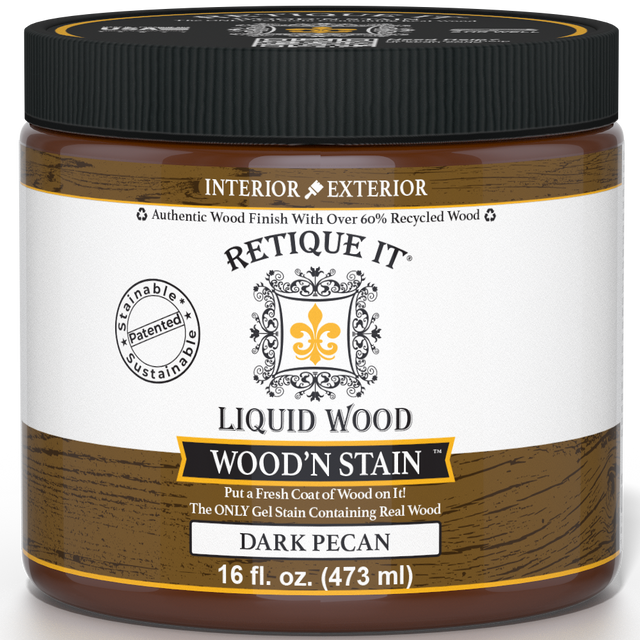 Dark Pecan Liquid Wood stain by Retique It in a 16 oz bottle, shown in a clear container highlighting the rich wood color.