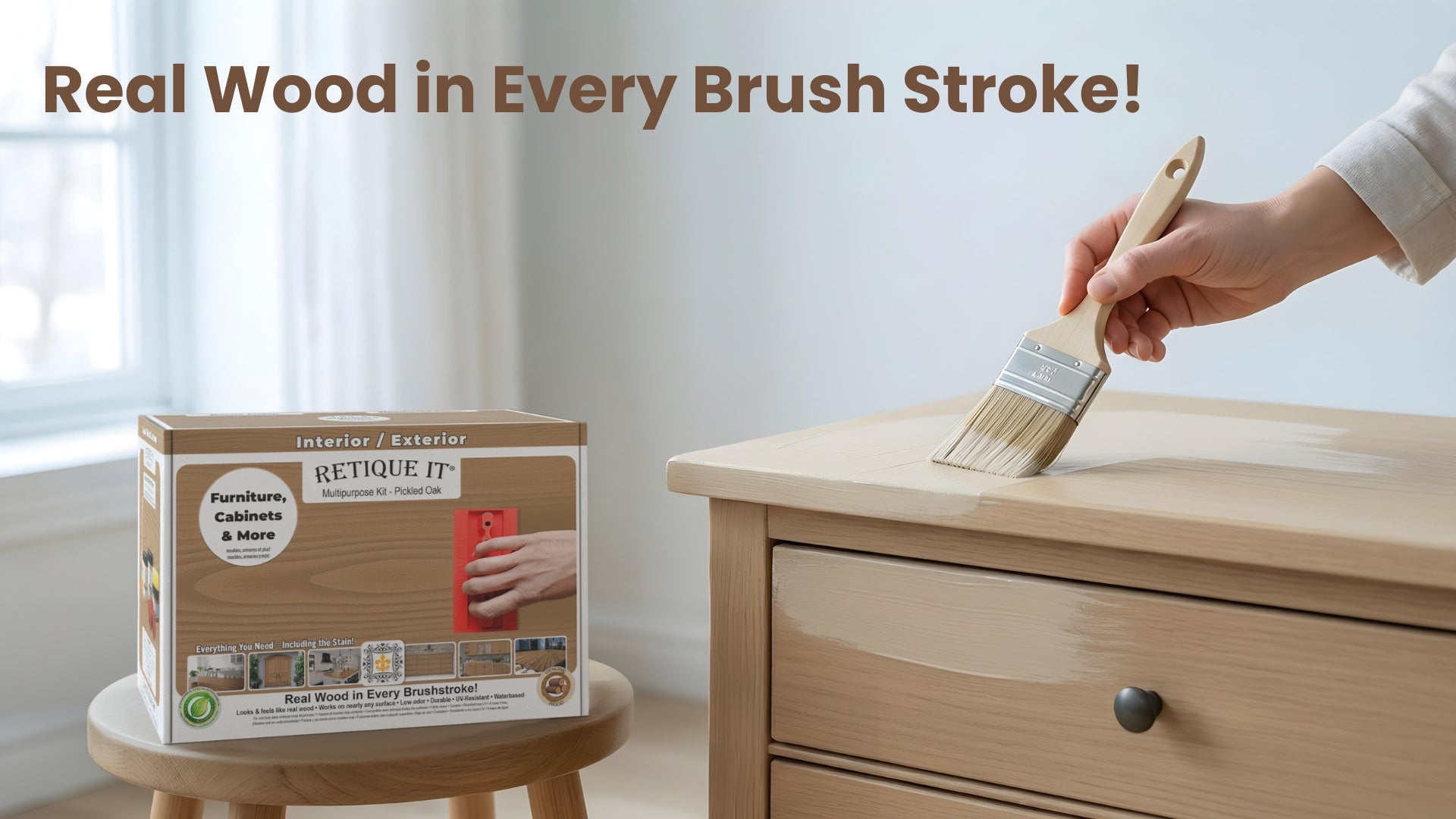 Hand applying Retique It Liquid Wood finish to a wood dresser, with Retique It Multipurpose Kit box beside the furniture.