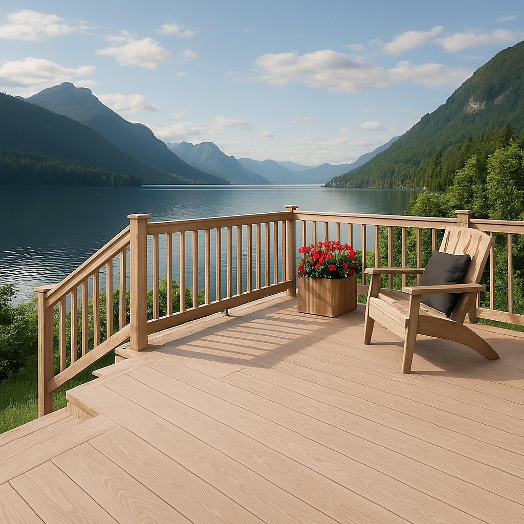 Peaceful outdoor deck overlooking a mountain lake, featuring railings and floorboards enhanced with Retique It’s Pickled Oak grained finish. Light faux wood texture brightens the space and complements the natural surroundings for a timeless lakeside retreat.