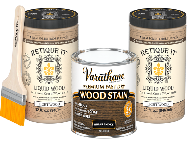 Retique It Briarsmoke oil-based fast dry stain kit with two large bottles, showcasing dark, rich wood stain for furniture and crafts.