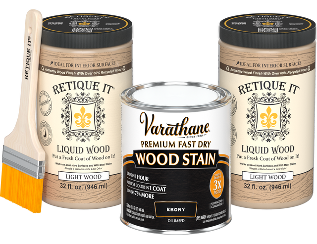 Retique It ebony oil-based fast dry stain kit with two large bottles, suitable for multi-purpose wood finishing projects.