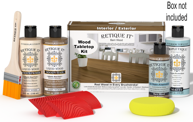 Retique It Barn Wood Tabletop Wood'n Finish Kit stain set with applicator and sample wood finish for furniture projects.