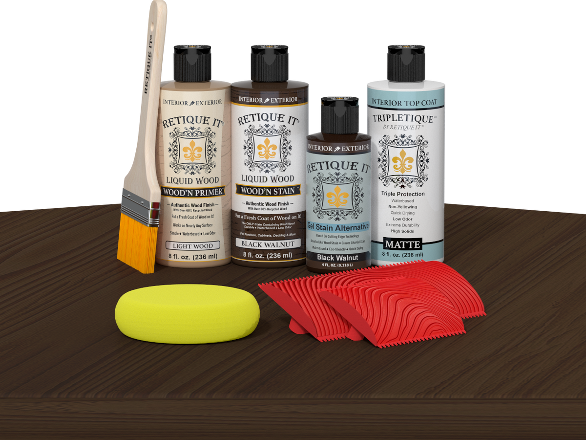 Retique It® Black Walnut Wood'n Kit with Light Wood primer, Black Walnut stain, Black Walnut gel stain alternative, Matte Tripletique® Top Coat, brush, red graining tool, and yellow sponge.
