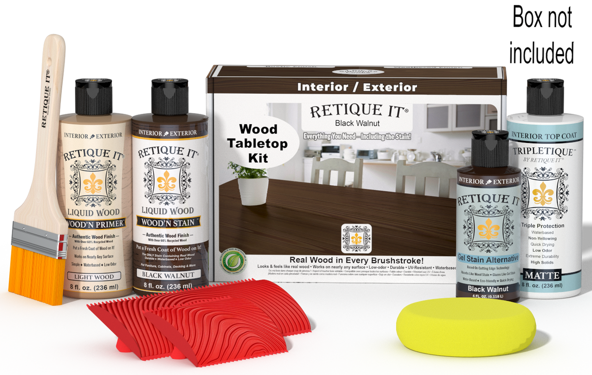 Retique It® Black Walnut Wood Tabletop Kit with Light Wood primer, Black Walnut stain, Black Walnut gel stain alternative, Matte Tripletique® Top Coat, brush, red graining tool, yellow sponge, and product box.