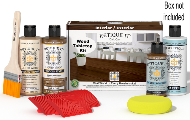 Retique It Wood'n Finish Kit in Dark Oak stain, featuring wood stain bottles and applicator tools for tabletop finishing.