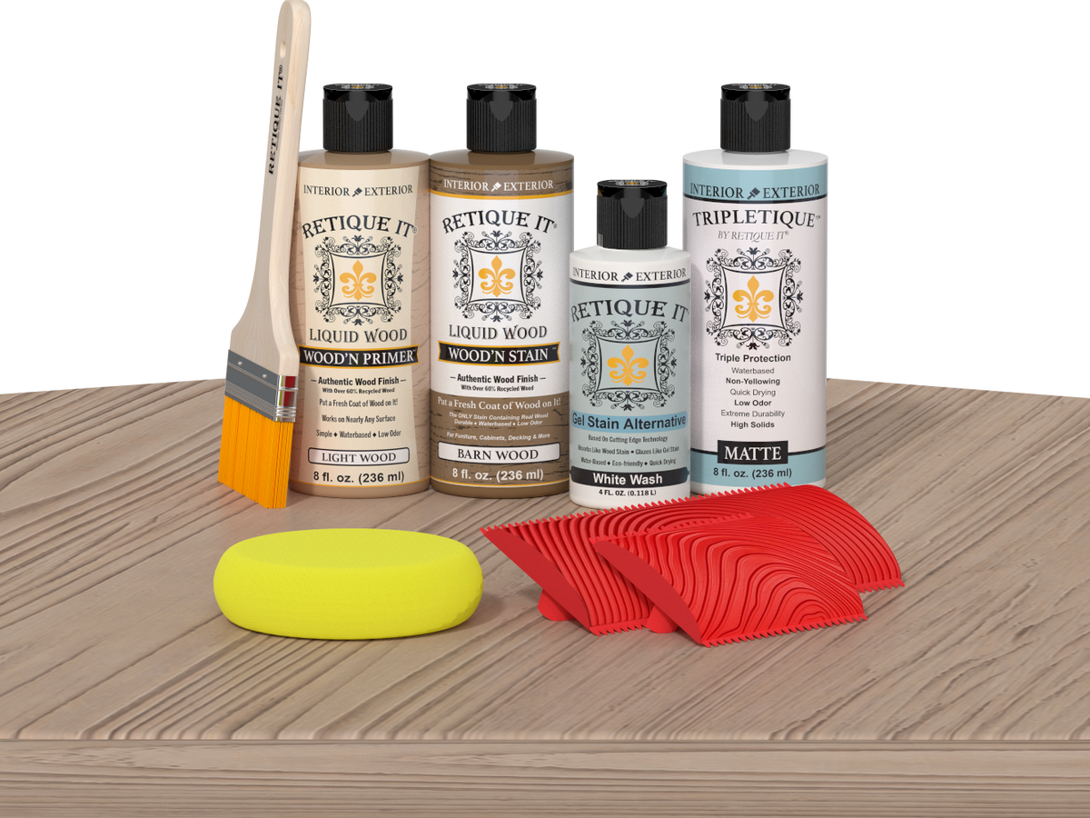 Retique It® Wood'n Finish Kit in French Oak stain displayed on a table, showing the wood finish application and color detail.