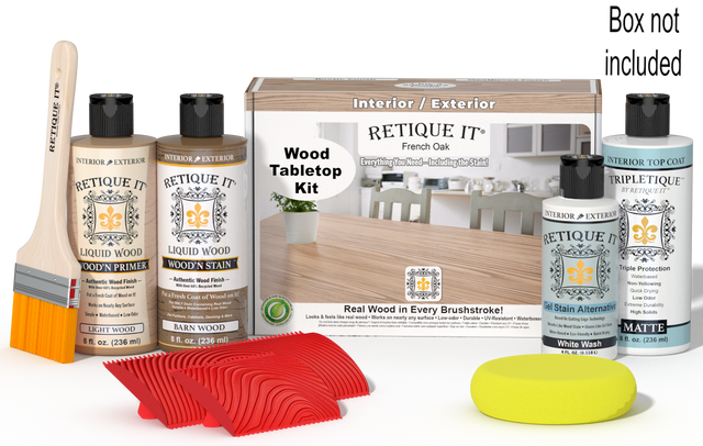 Retique It Wood'n Finish Kit in French Oak stain for tabletops, featuring wood stain bottles and application tools.