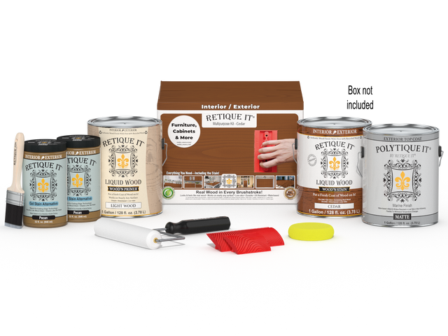 Retique It Wood'n Kit cedar exterior top coat with four large wood finish bottles and applicator tools in a box.