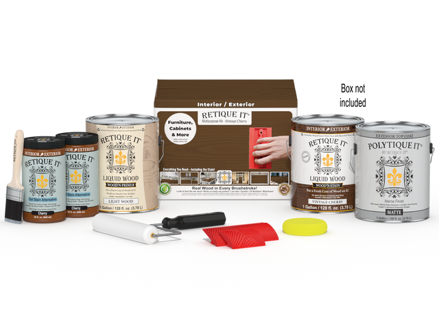 Retique It Wood'n Finish Kit in Vintage Cherry with four large exterior top coat bottles and application tools in a box.