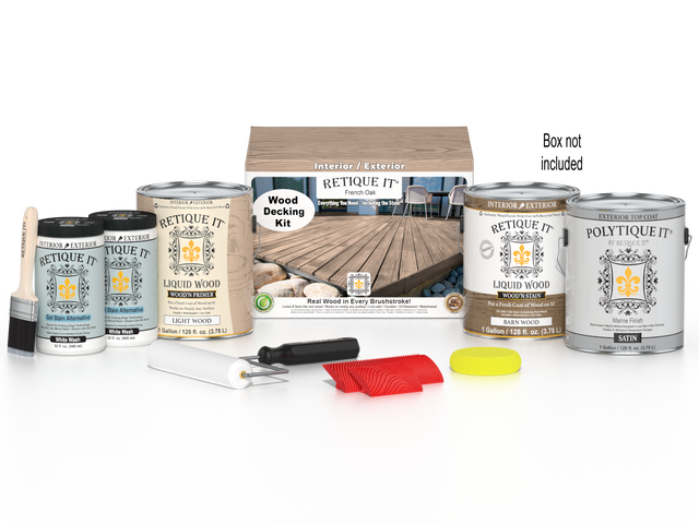 Retique It French Oak decking wood stain kit with stain samples and applicator tools, designed for outdoor wooden decks.