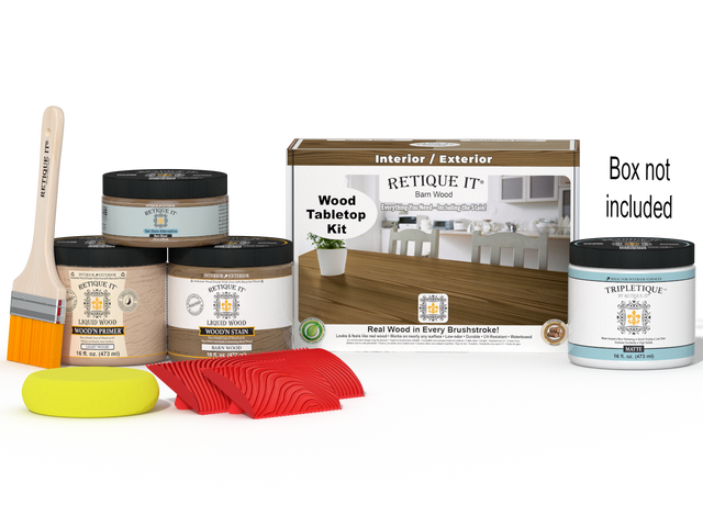 Retique It Wood'n Finish Kit for tabletops, double size in Barn Wood stain, includes stain bottles and applicator tools.