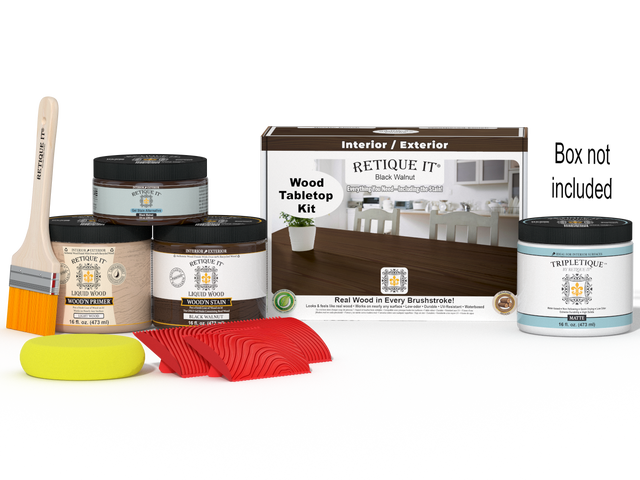 Retique It Wood'n Finish Kit for tabletops in black walnut stain, featuring staining supplies and application tools.
