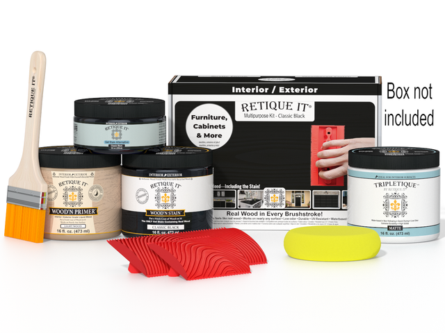Retique It Wood'n Finish Kit in Classic Black, interior top coat for wood projects, shown in the box with application tools.