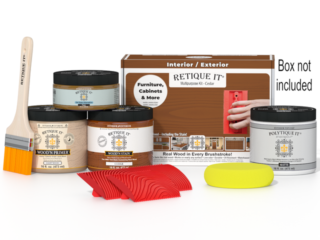Retique It Wood'n Finish Kit in cedar for exterior top coat, includes wood treatment and application tools in a compact box.