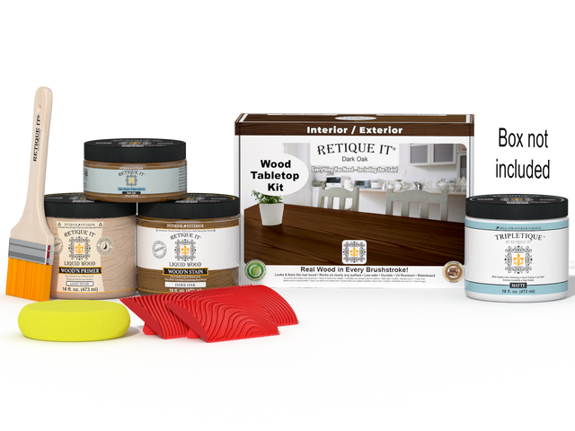 Retique It Wood'n Finish Kit Double Size in Dark Oak stain for tabletops, includes stain bottles and application tools.