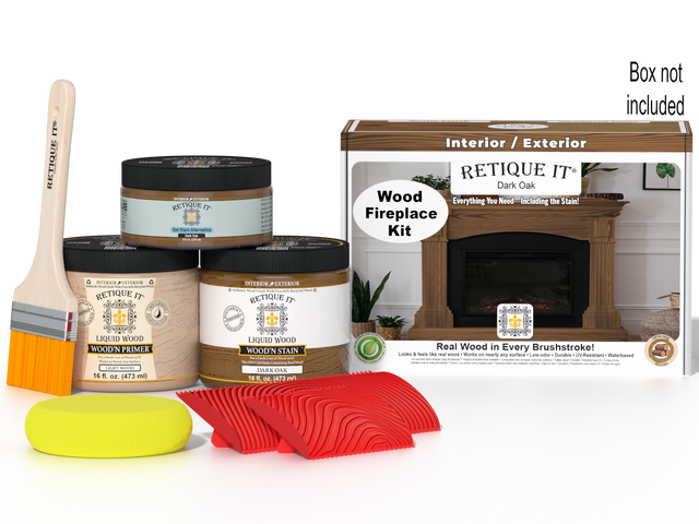 Retique It Fireplace Wood'n Finish Kit in Dark Oak stain, includes full fireplace stain set with wood finish tools.