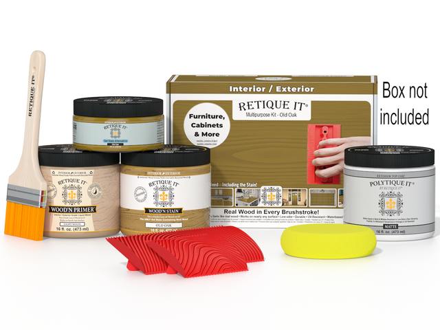 Retique It Wood'n Finish Kit in Old Oak for exterior wood, includes top coat, shown in the box with application tools.
