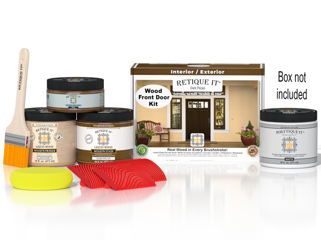 Retique It Wood'n Finish front door kit in Dark Pecan stain, featuring natural wood grain and packaging with door sample.