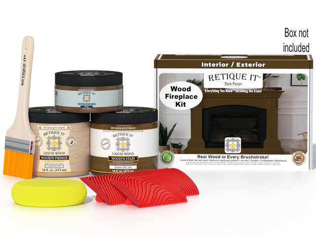 Retique It Fireplace Wood'n Finish Kit in Dark Pecan stain, includes wood finish for full fireplace renovation, shown in box.