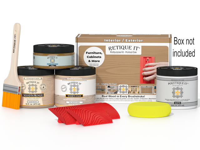 Retique It Wood'n Finish Kit in Pickled Oak for exterior wood projects, includes top coat and application tools.