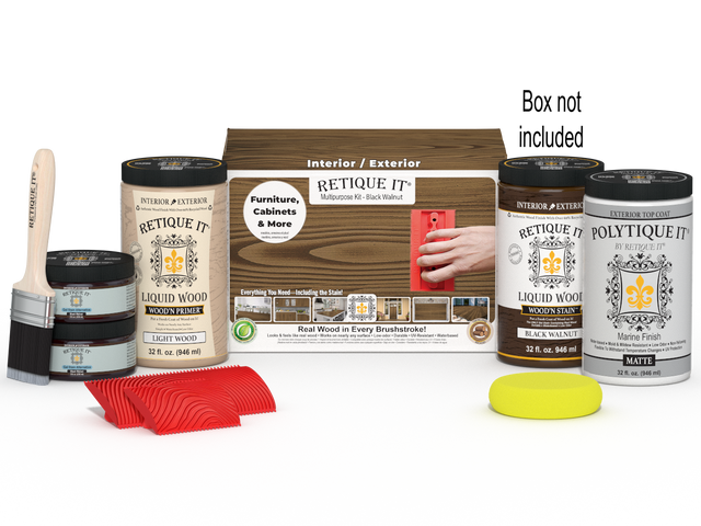 Large Black Walnut Wood'n Kit by Retique It for exterior wood finishing, includes top coat and application tools.