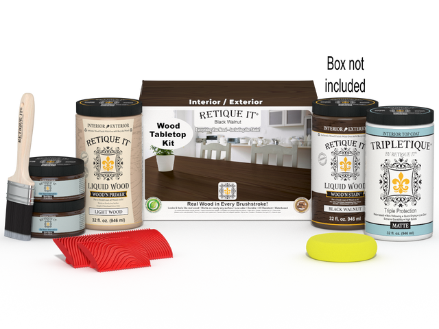 Retique It Wood'n Finish Kit for tabletops, black walnut stain, includes four large containers with stain and finishing supplies.