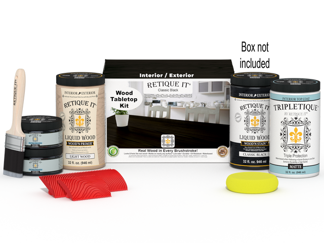 Retique It Wood'n Finish Kit with four large classic black stain bottles for wood furniture or tabletop finishing.