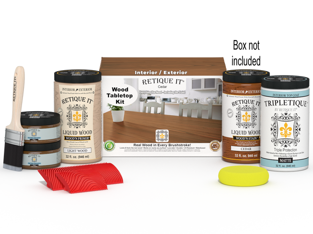 Retique It Cedar Wood'n Finish Kit for tabletops, includes four large stain bottles and applicator box.