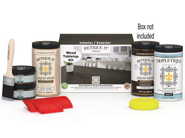 Retique It Wood'n Finish Kit in Charcoal with four large stain jars for tabletop wood finishing, shown in the image.