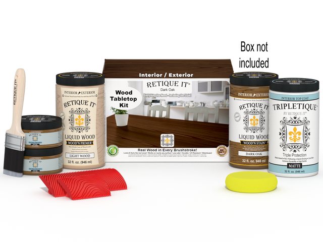 Retique It Wood'n Finish Kit in Dark Oak stain, showing four large stain bottles and application box for wood tabletop finishing.