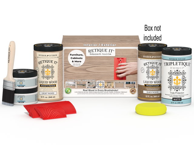 Retique It French Oak countertop kit stain with full kitchen setup, showcasing wood stain color and application tools.