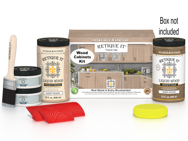 Retique It Wood'n Cabinet Kit in French Oak stain showing 12 grained cabinet doors and wood stain packaging.