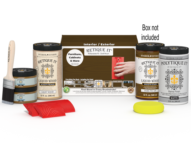 Large Dark Pecan Wood'n Finish Kit by Retique It with exterior top coat, includes applicator and finish products for wood projects.