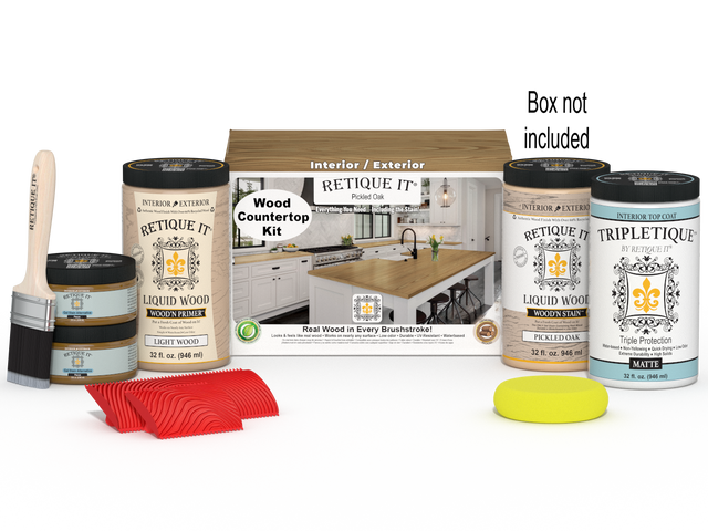 Retique It Pickled Oak countertop kit stain for full kitchen countertops, shown with applicator and box.