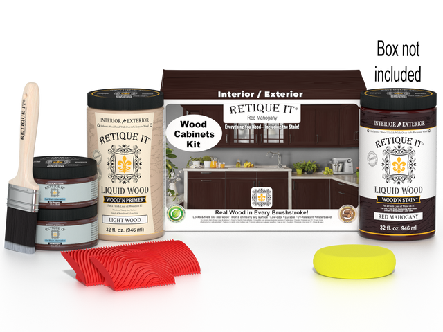 Retique It Wood'n Cabinet Kit with 12 red mahogany stained doors and grain texture, ideal for cabinet renovation.