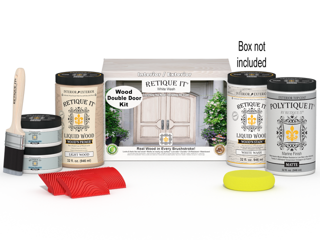 Double front door kit by Retique It with white wash stain, featuring wood grain and detailed panel design.