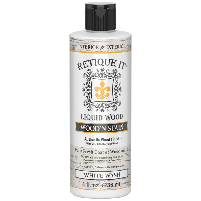 Retique It Liquid Wood Wood'n Stain in White Wash, 8 oz bottle, showcasing the stain's light, whitewashed wood finish.