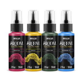 DecoArt Luminous Spectrum Bloom Texture Paint 4-pack featuring vibrant, glowing paint textures and colorful floral-inspired designs.