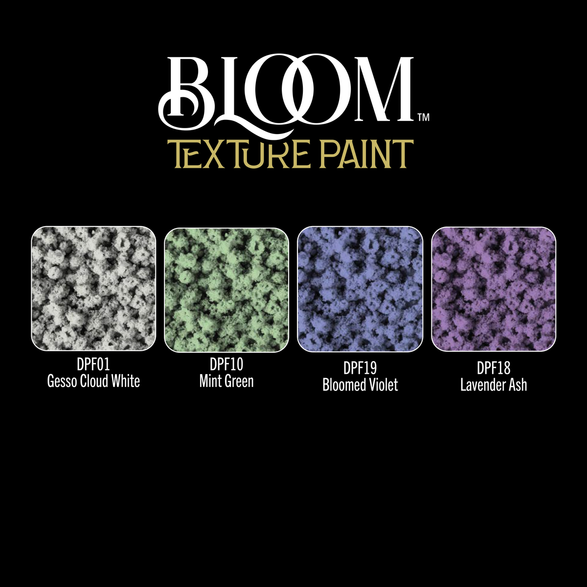 Four pastel-colored Bloom Texture Paint jars from DecoArt, showing vibrant, pastel hues and textured paint surfaces.